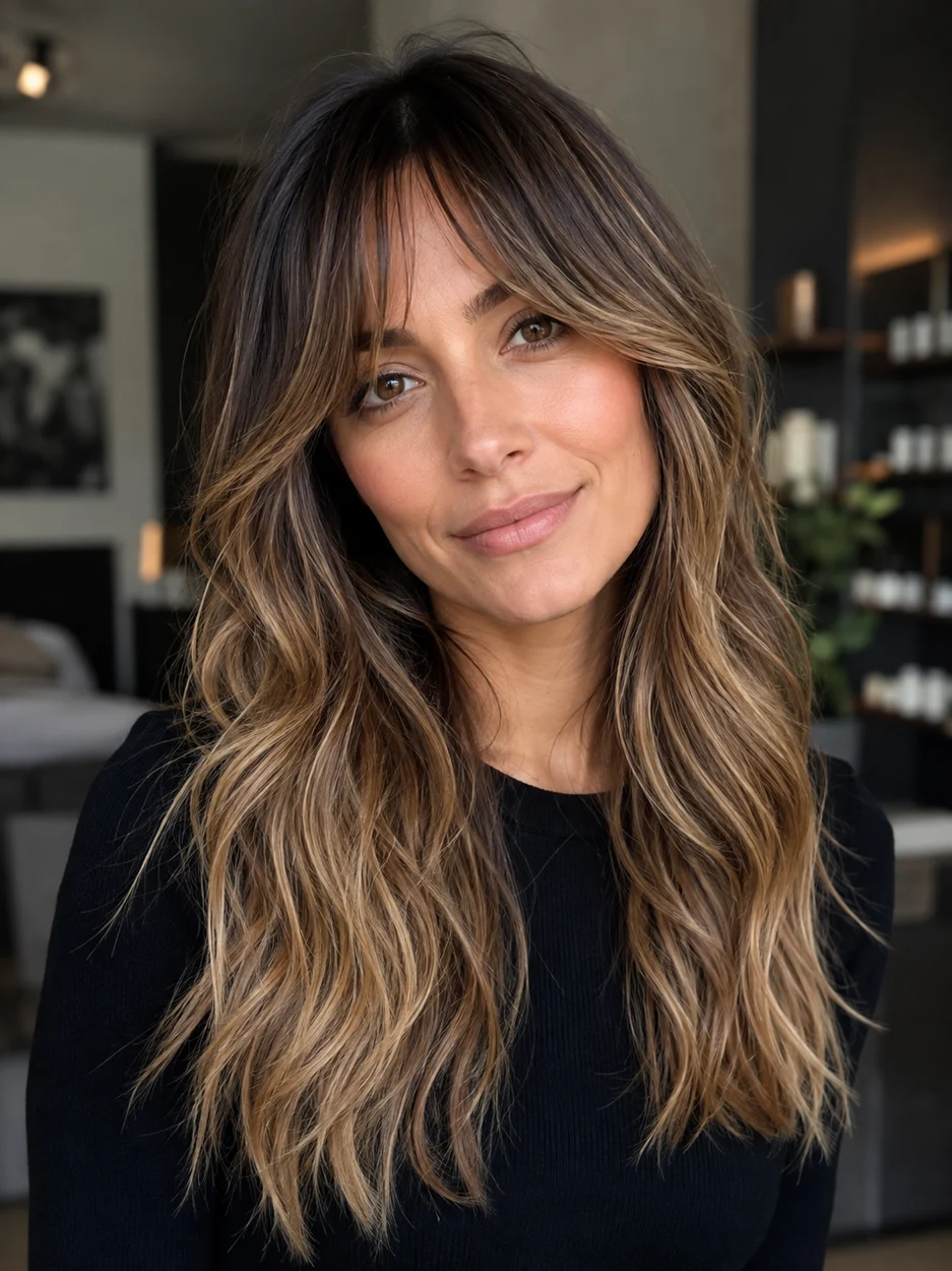 Long honey-toned waves and curtain bangs
